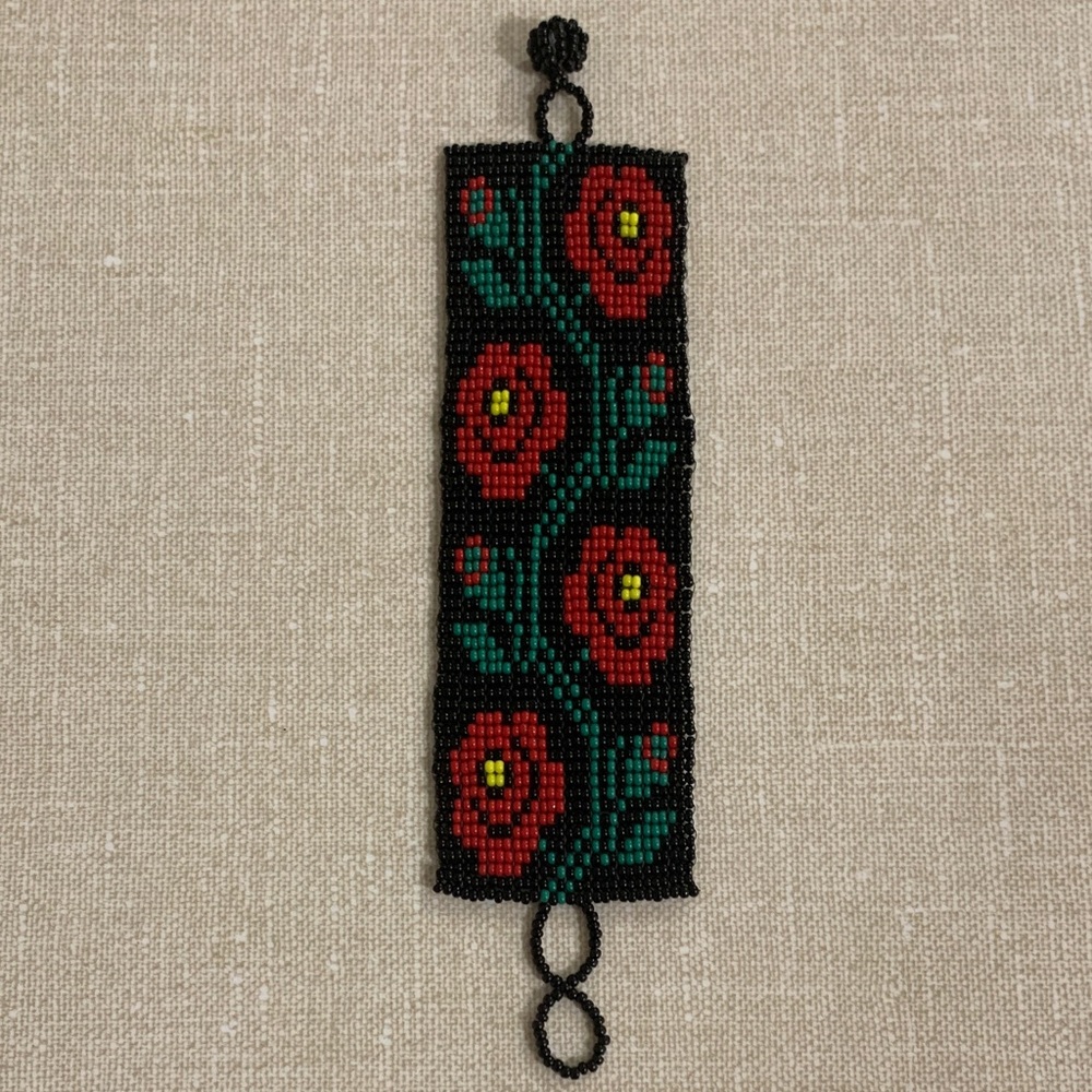 🌷3 for $25🌷Handmade, US OS, Black Red Green & Yellow Hand Beaded Floral Bracelet